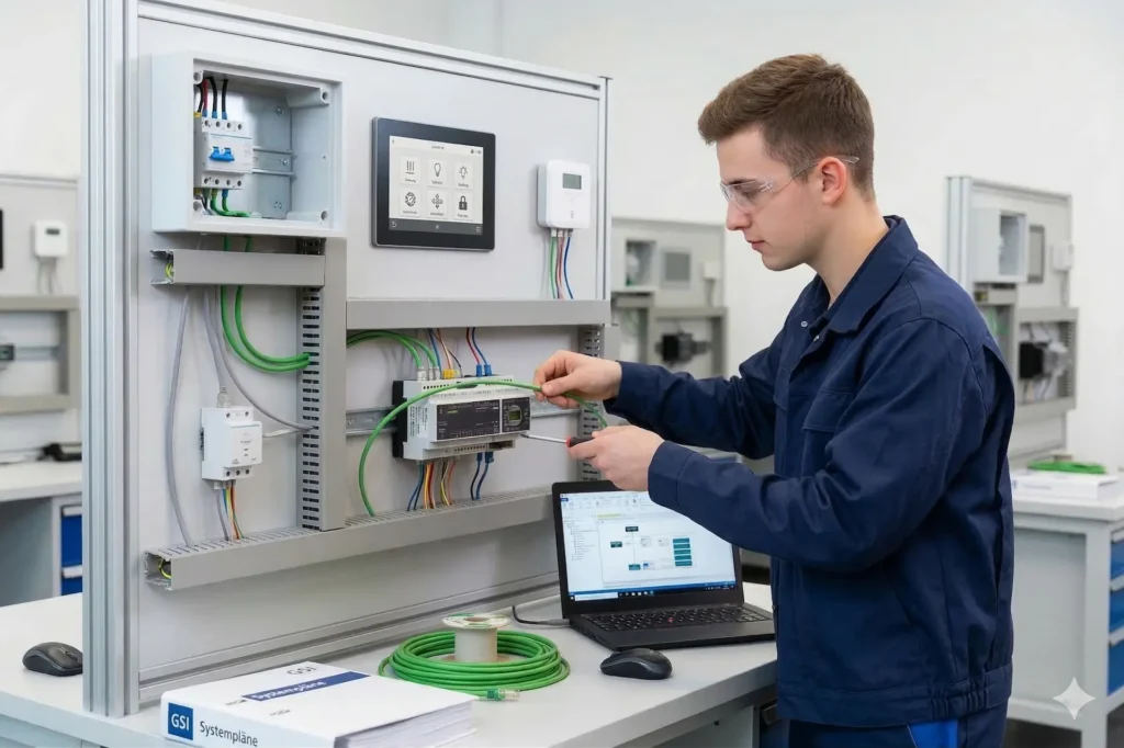 Junger mann bei der Ausbildung für Gebäudesystemintegration