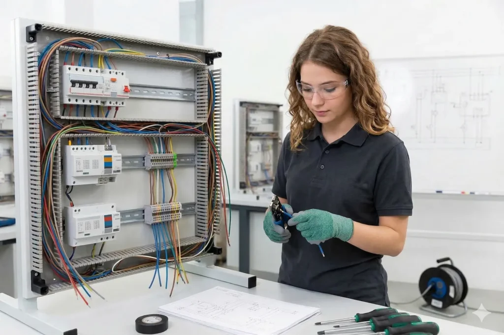 Junger Frau bei der Ausbildung für Gebäudesystemintegration